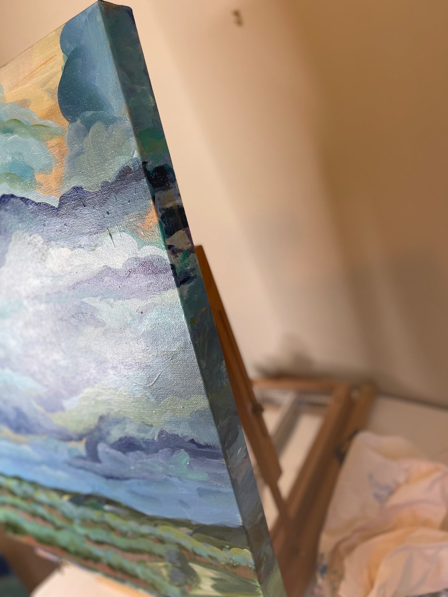 20" x 24" x 1.5"
acrylic on gallery wrapped canvas
Organic Blue and turquoise clouds dancing in the sky.
Finished with a varnish to protect against dust and light.
Wired and ready for hanging.