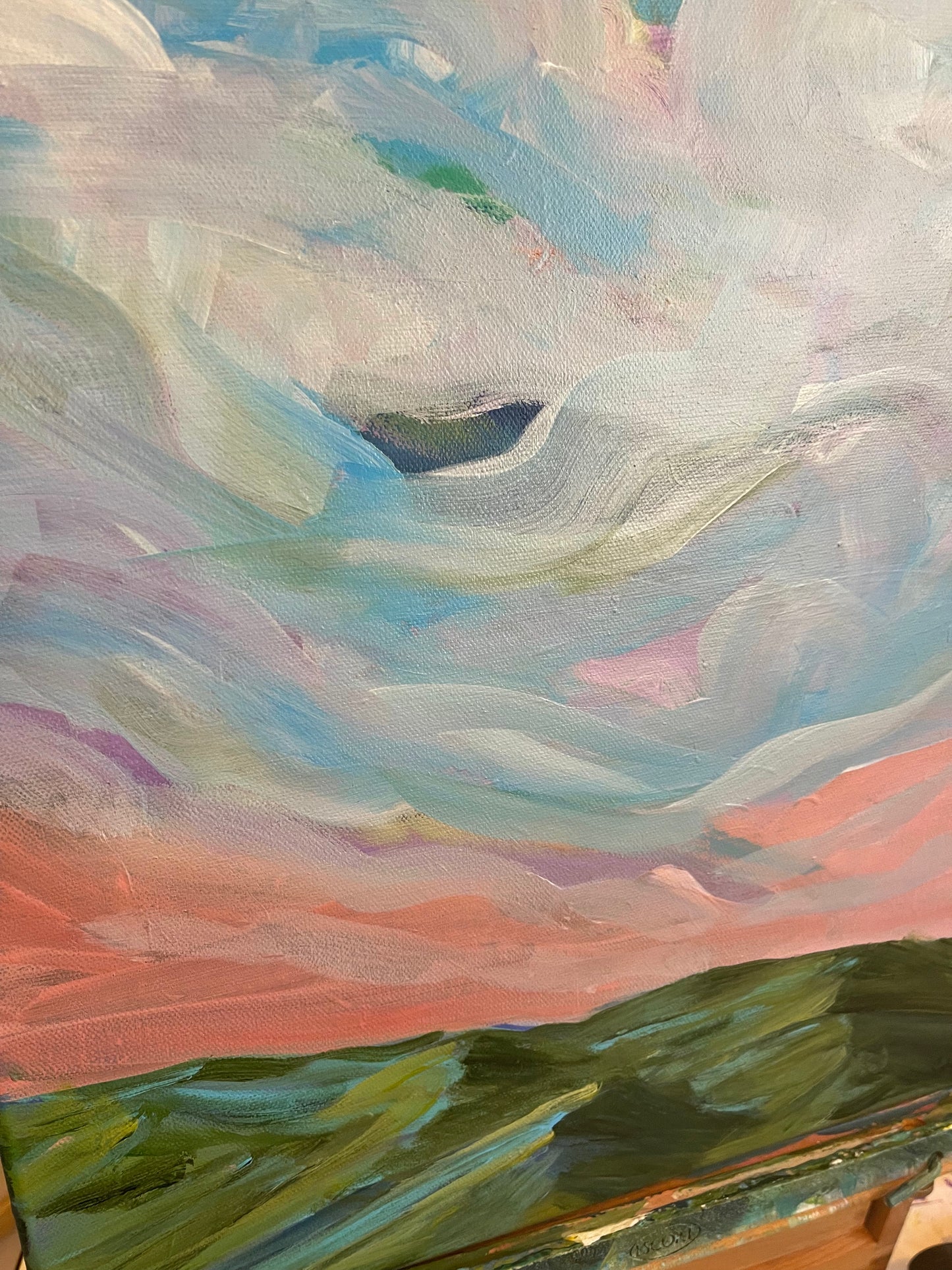 acrylic on gallery wrapped canvas
Blue and turquoise clouds dancing above the Blue Ridge mountains at sunrise.
Finished with a varnish to protect against dust and light.
Wired and ready for hanging.