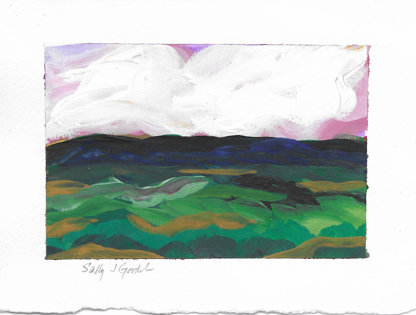 4.5 x 6”
gouache on cold press watercolor paper
Discover the magic of "Legend" - an original impressionism painting.
This small work on paper captures the beauty of a blue ridge landscape with its stunning blue mountains, lush green fields, and dreamy pink and white sky.
A whimsical addition to any art collection.