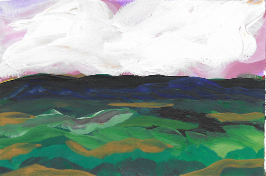 4.5 x 6”
gouache on cold press watercolor paper
Discover the magic of "Legend" - an original impressionism painting.
This small work on paper captures the beauty of a blue ridge landscape with its stunning blue mountains, lush green fields, and dreamy pink and white sky.
A whimsical addition to any art collection.