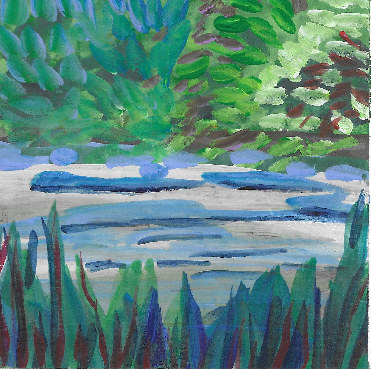 6 x 6 Great Wide Open
Modern abstract painting of flowing river banked by native plants, trees and bushes in the backgound. With native grasses in the foreground with greens, blues, white and a touch of purple.
An original gouache painting by Sally J Goodrich
