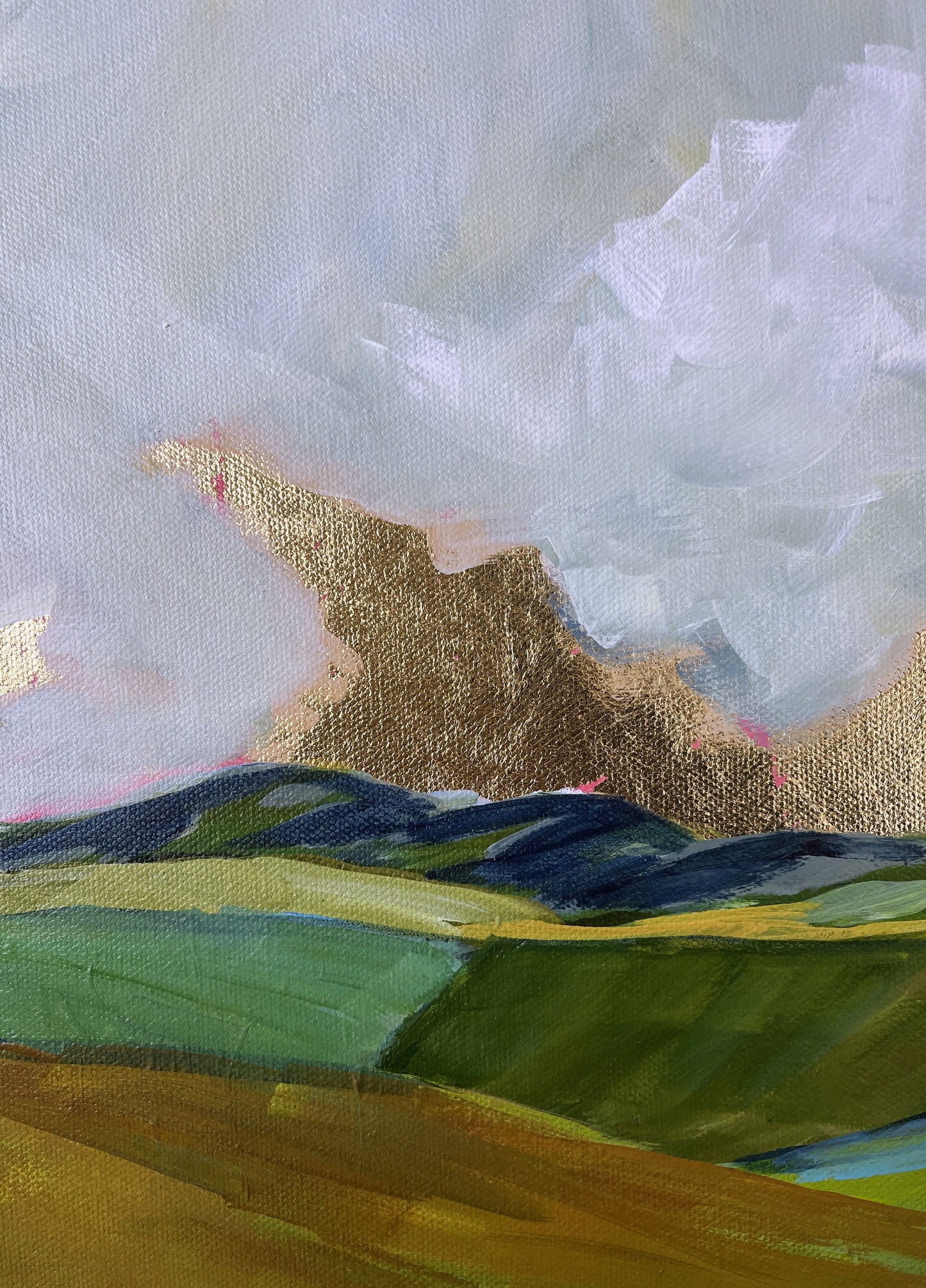 Abstract art piece with green, gold, and white colors
