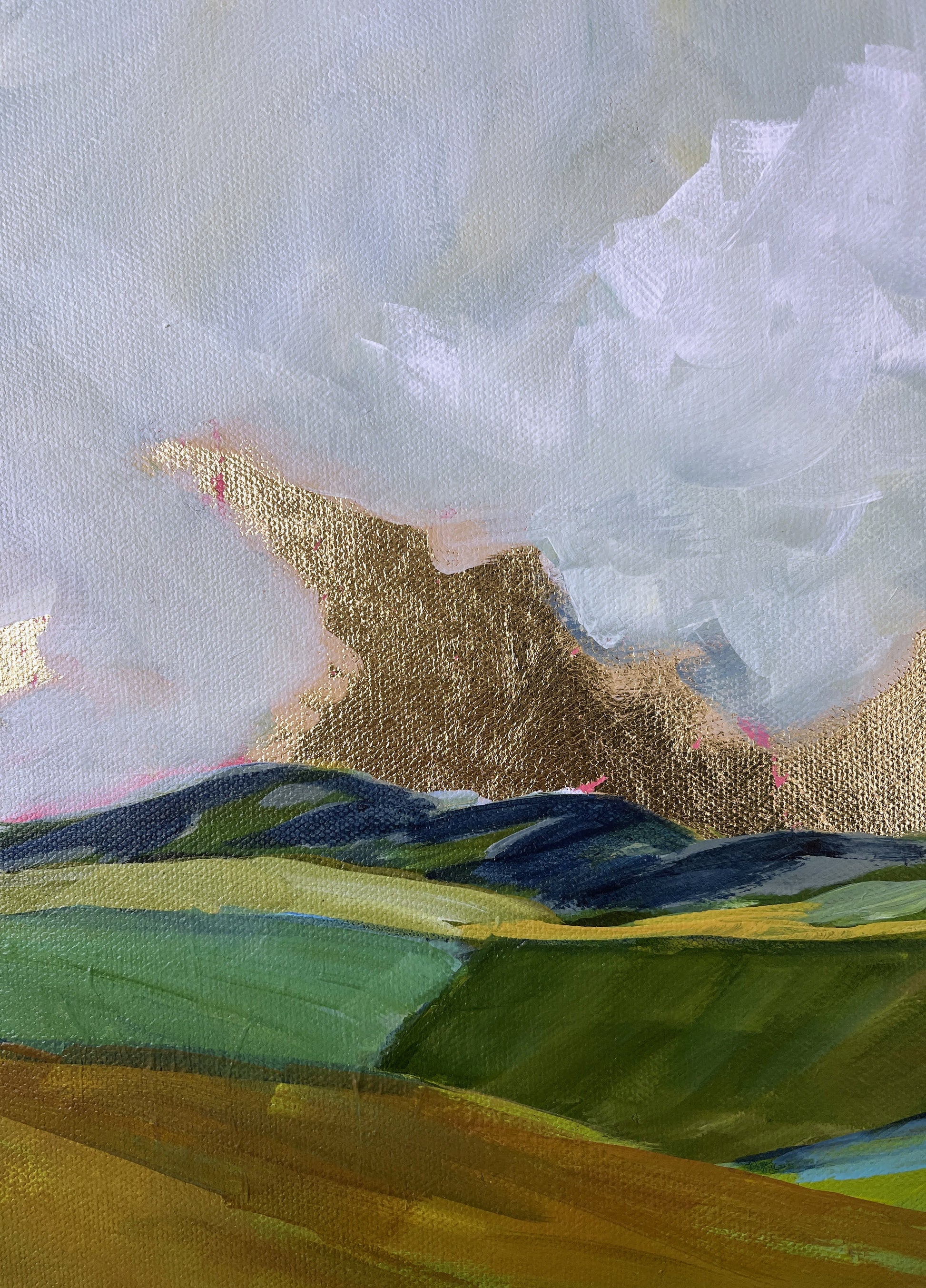 Abstract art piece with green, gold, and white colors