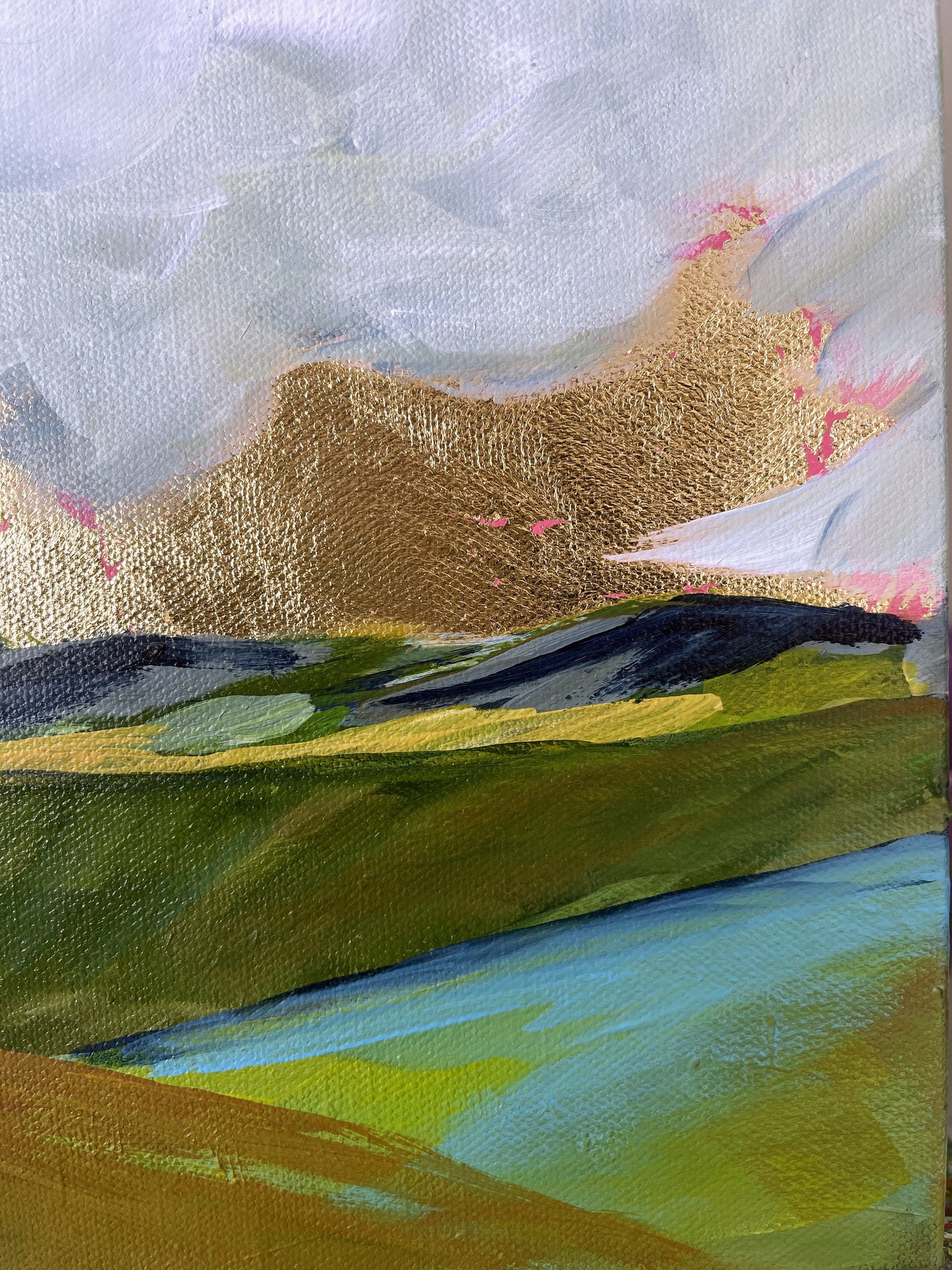 Abstract painting with colorful landscape and mountain-like shapes