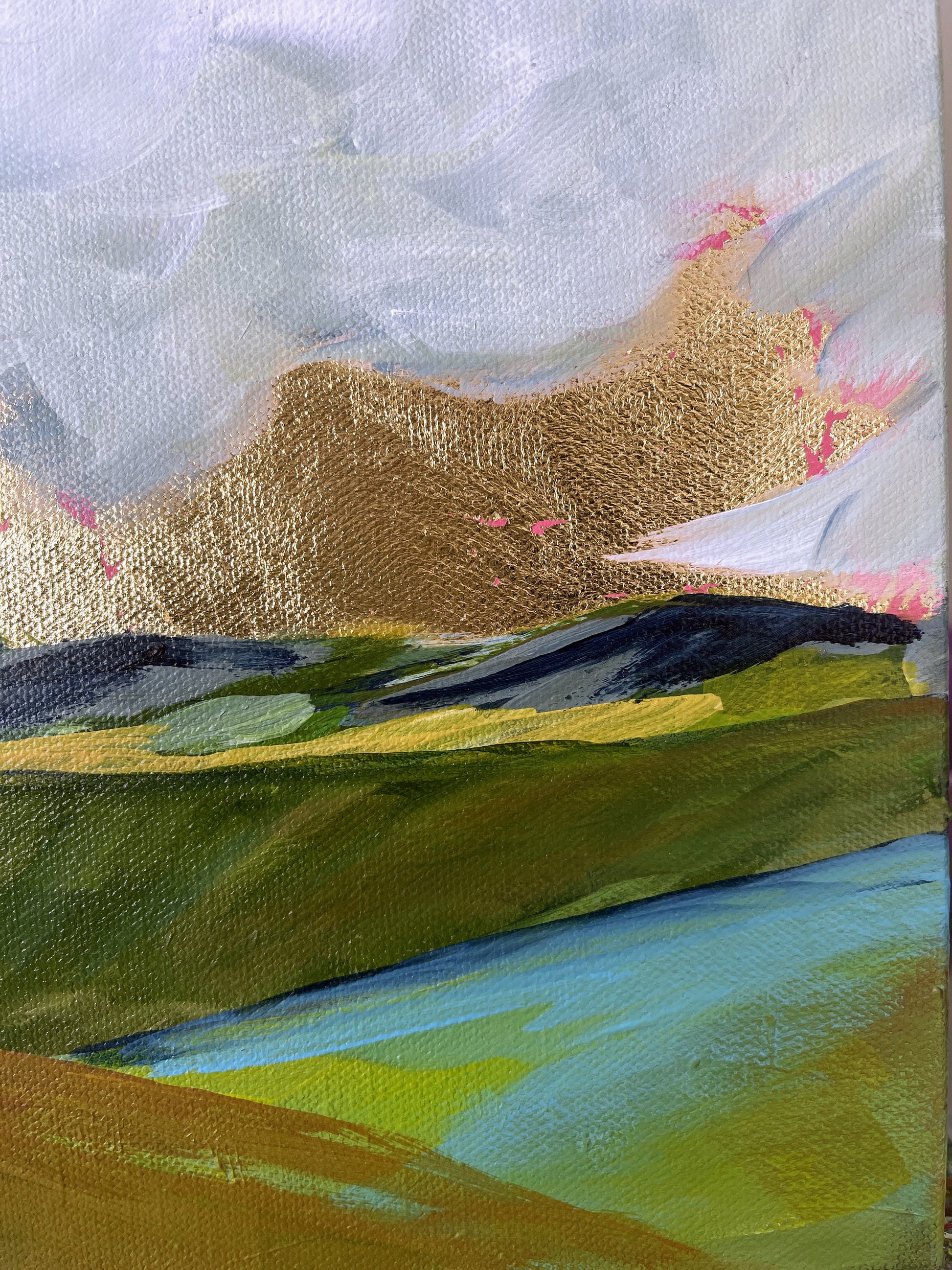 Abstract painting with colorful landscape and mountain-like shapes