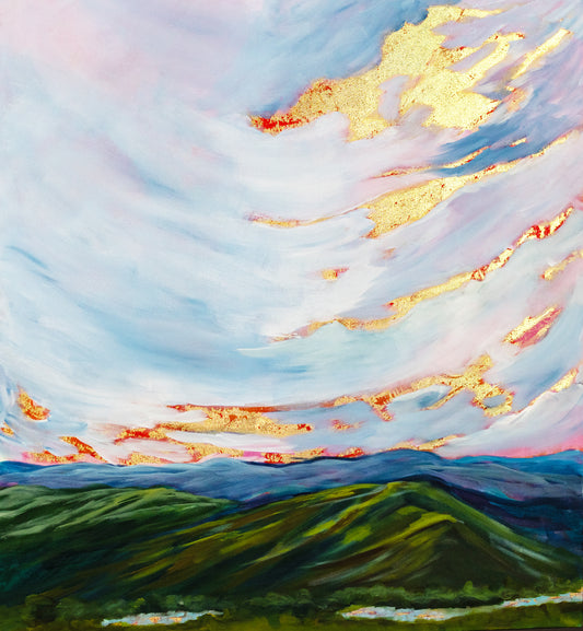 Add a touch of whimsy to your wall with our Blue Ridge Parkway canvas painting.

&nbsp;Featuring an impressionistic style, this extra large piece captures the stunning blue sky and sunrise with delicate gold leaf accents that symbolize the regal and sacred aspects of nature.

Perfect for any nature lover or art enthusiast!