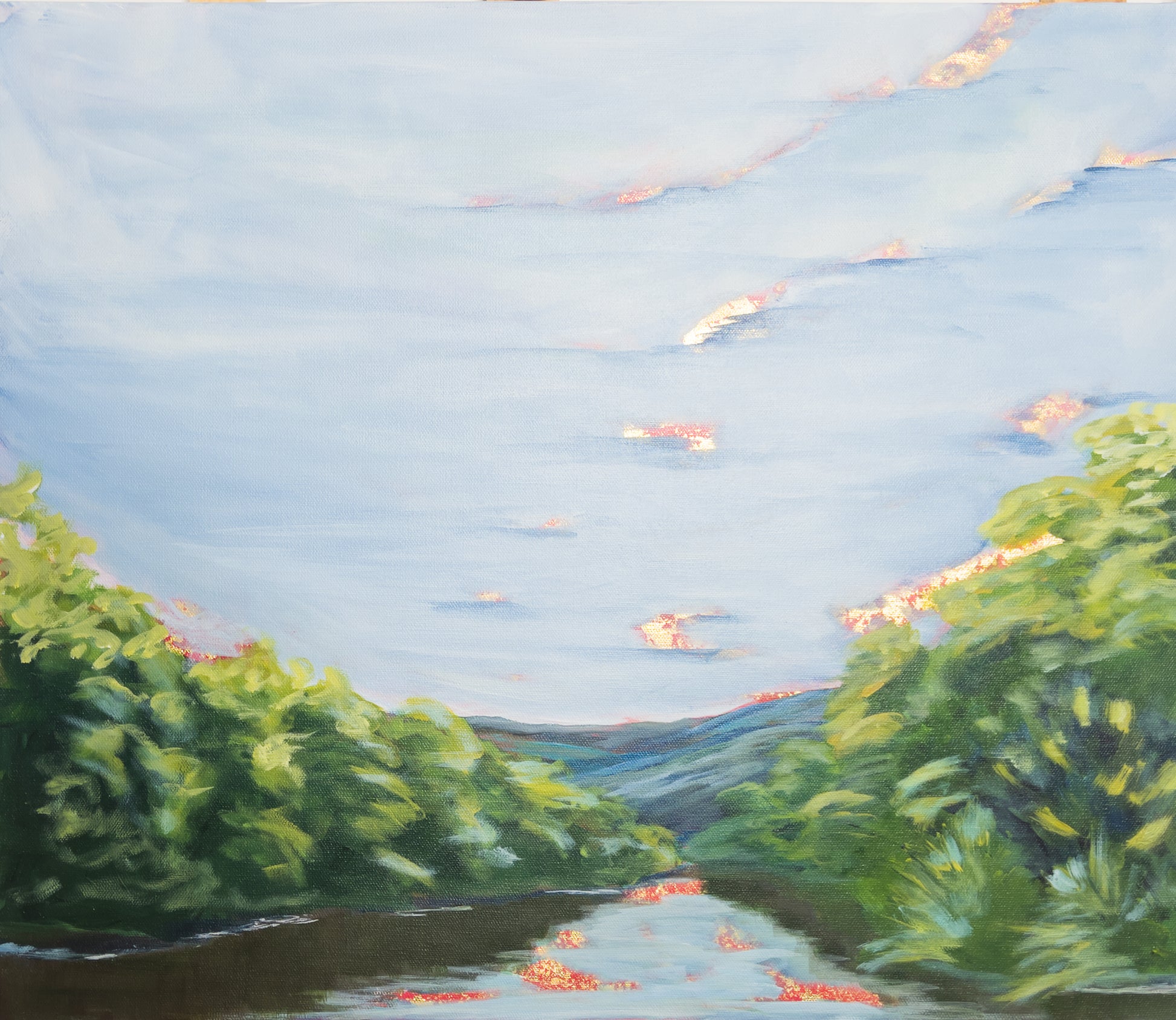 20" x 24"

Experience the breathtaking beauty of the Roanoke River with this stunning painting on canvas.

The vivid blue water is surrounded by lush green trees and shrubs, with the majestic Blue Ridge Mountains in the distance.

The vibrant blue sky is only enhanced by the golden rays of the sunrise, captured in delicate brush strokes of shimmering gold leaf.

This unique mix of impressionism and regal elements truly captures the sacred essence of nature.

Don't miss the opportunity to own this large and 