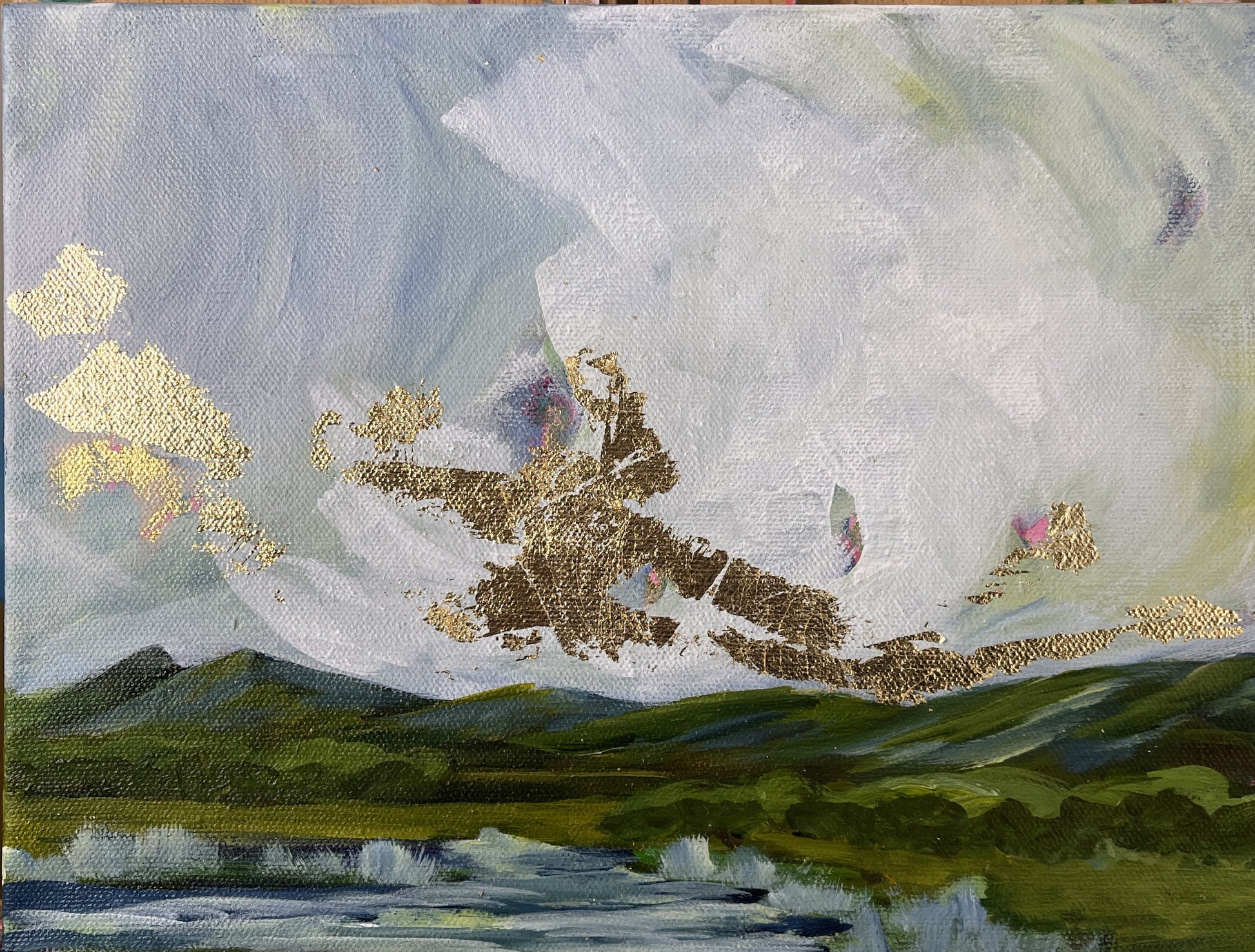 Abstract painting with a figure in a dynamic pose against a cloudy sky.