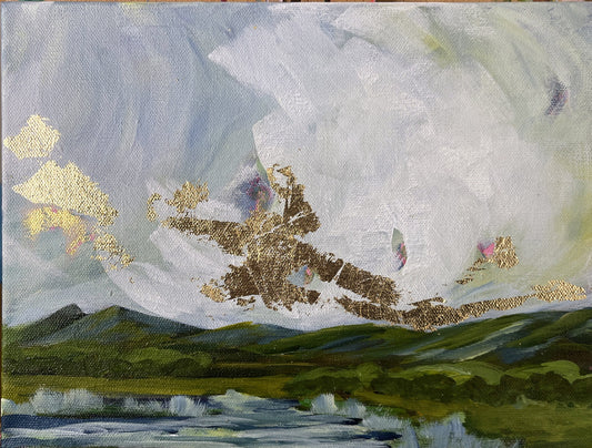 Abstract painting with a figure in a dynamic pose against a cloudy sky.