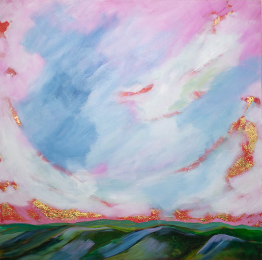 Acrylic and Gold Leaf on Canvas

Experience the magic of dawn with "Is this Utopia?"—a large landscape painting capturing a Gold Leaf Sunrise over the Blue Ridge Parkway.

Soft pink and blue skies blend with shimmering gold atop the mountains, brought to life through playful, loose impressionist brush strokes.

This vibrant scene invites you to imagine a perfect morning where nature’s beauty feels like a joyful dream.