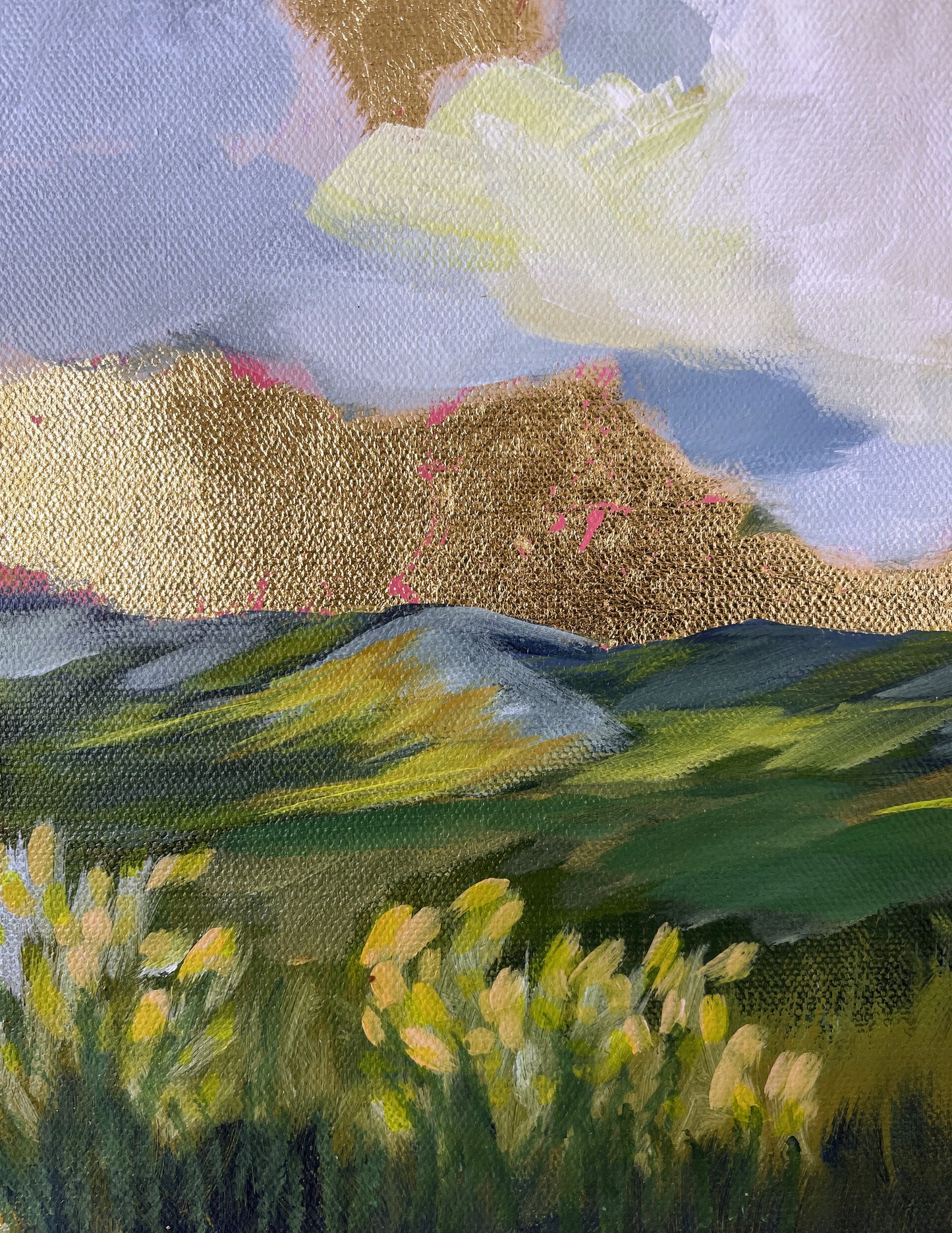 Painting of a landscape with green fields, yellow flowers, and a blue sky.