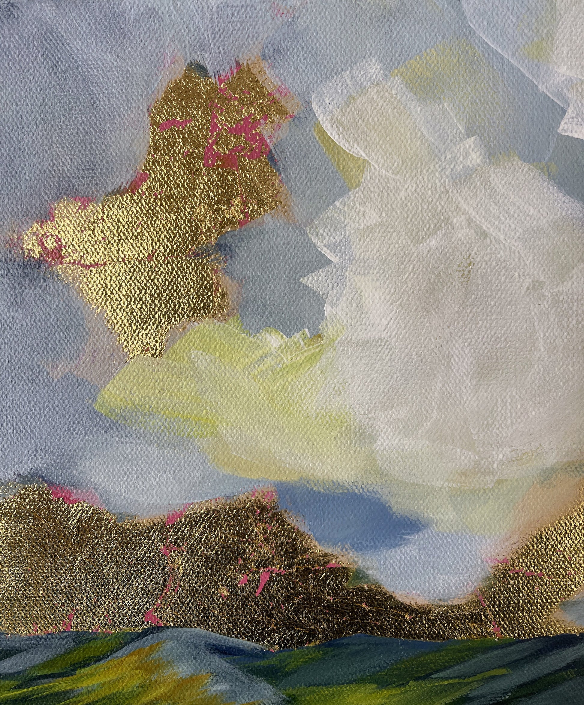 Abstract art piece with gold, white, and green colors on a textured background