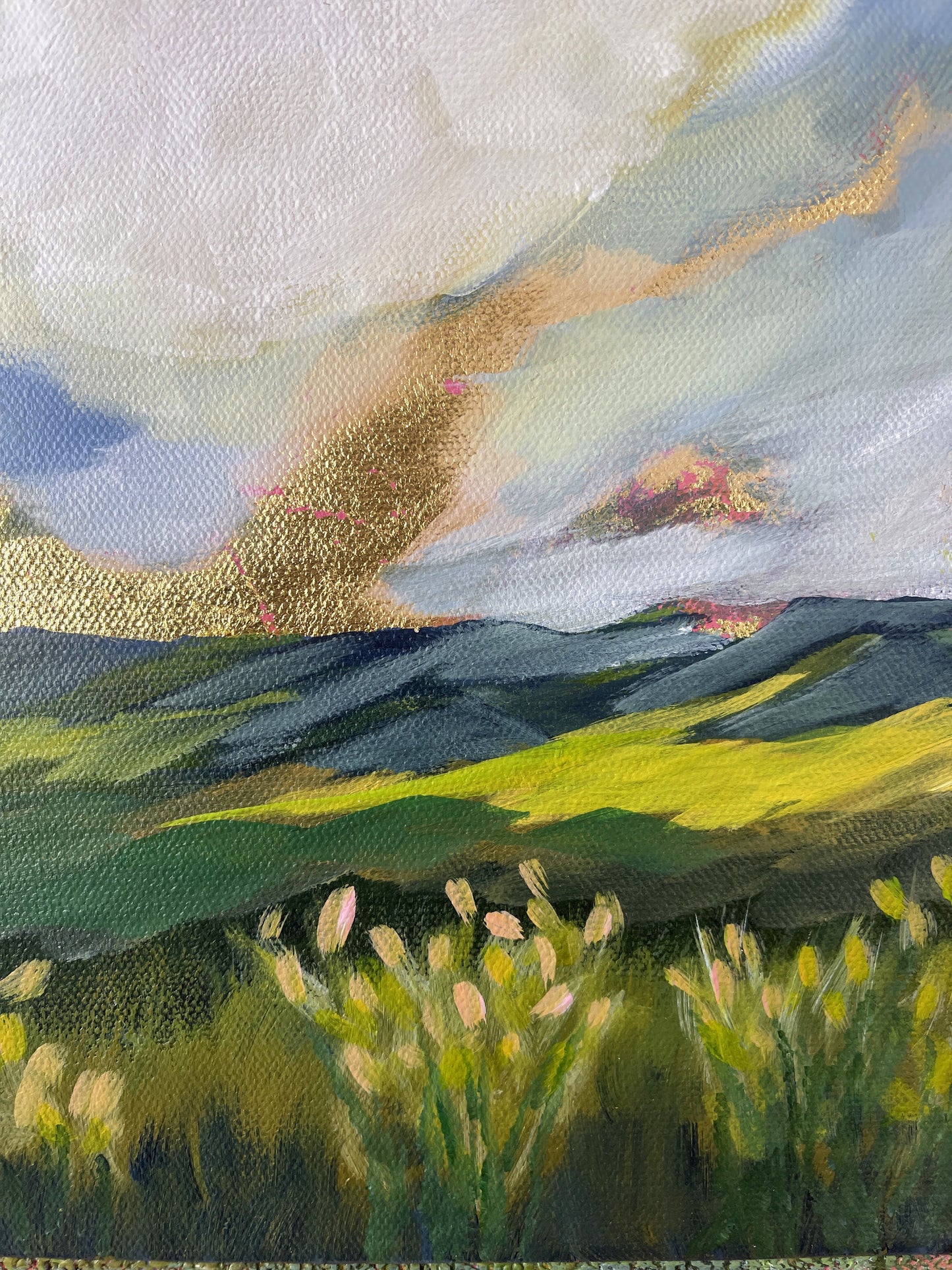 Painting of a landscape with mountains, sky, and fields.
