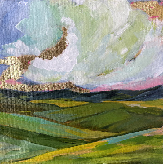 Abstract painting with green, blue, and white colors