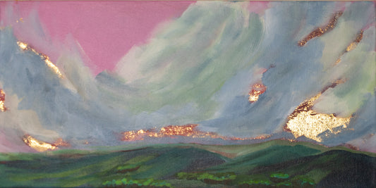 24" x 12"

Acrylic and Gold Leaf on Canvas

"Run for the Hills" captures a playful impressionist landscape where pink and blue skies meet a shimmering gold leaf sunrise over the Blue Ridge Mountains.

This vibrant scene brings the gorgeous Parkway view to life, inviting you to escape into a world of color and light.

Perfect for adding a joyful splash of nature’s beauty to any space.