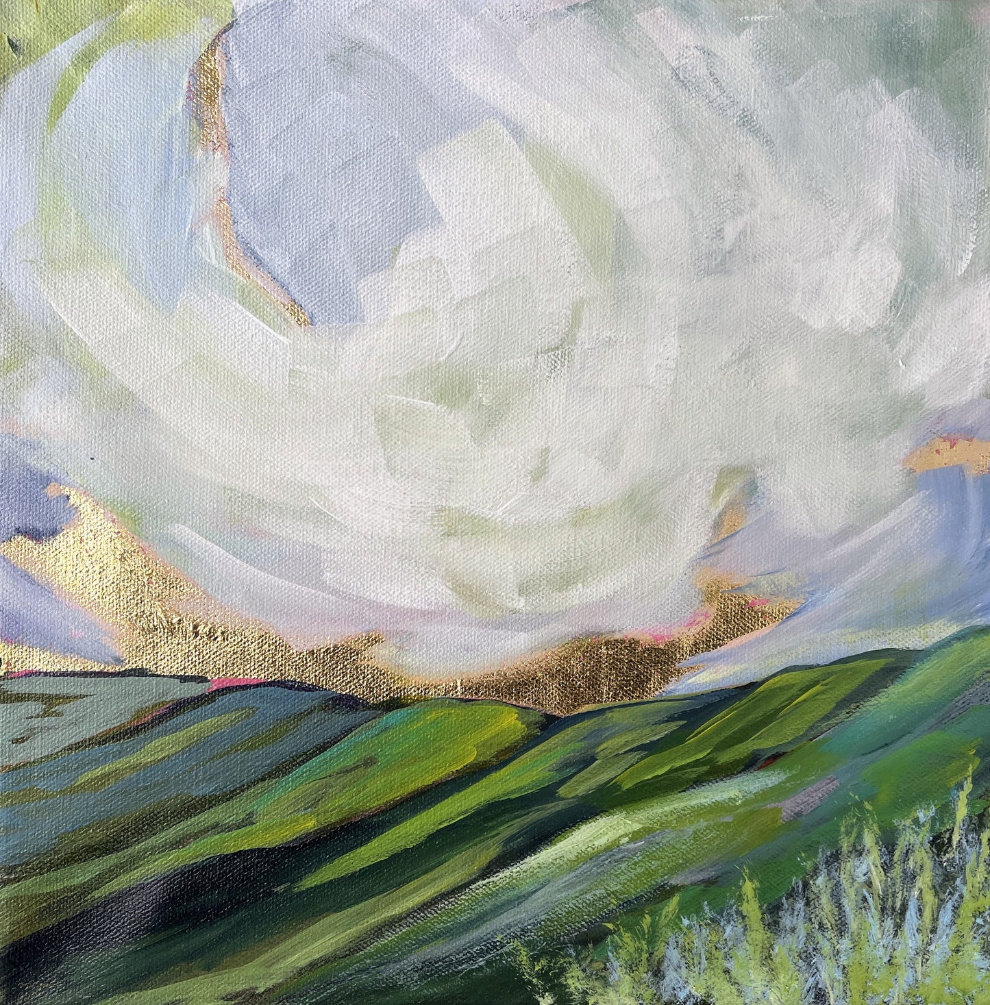 Abstract painting with green landscape and white swirling patterns