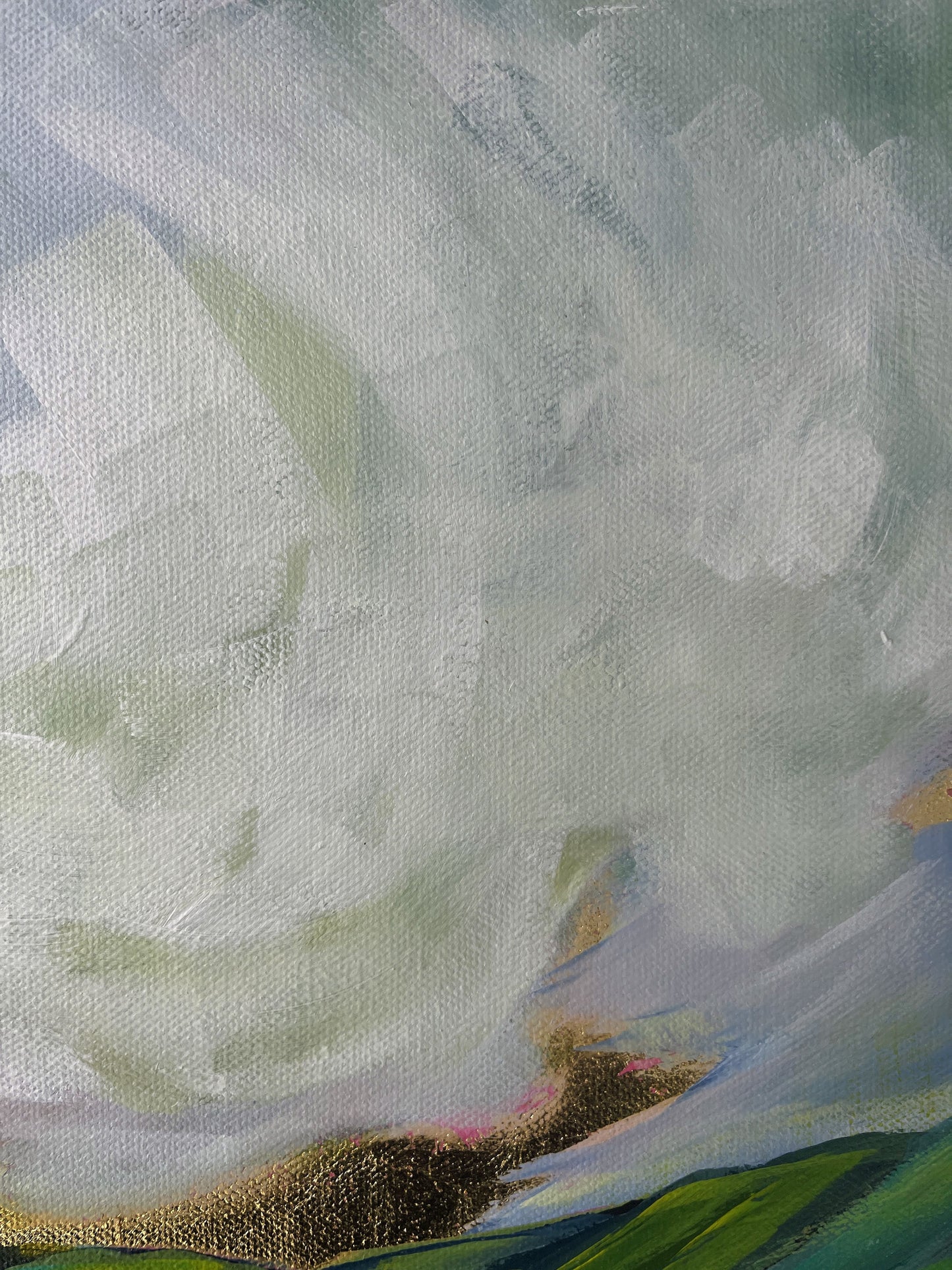 Abstract painting with textured brushstrokes in green, blue, and white tones.