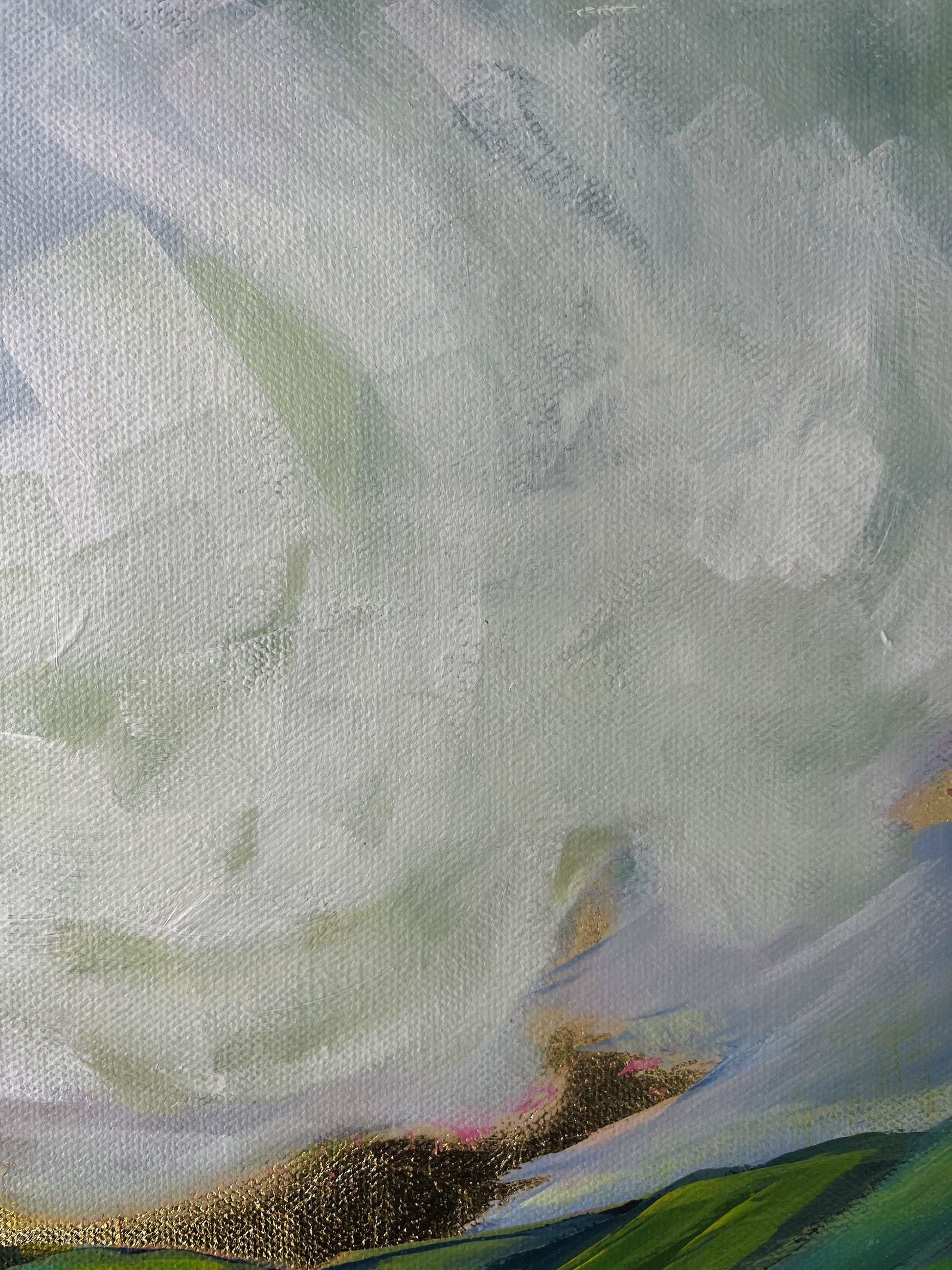 Abstract painting with textured brushstrokes in green, blue, and white tones.