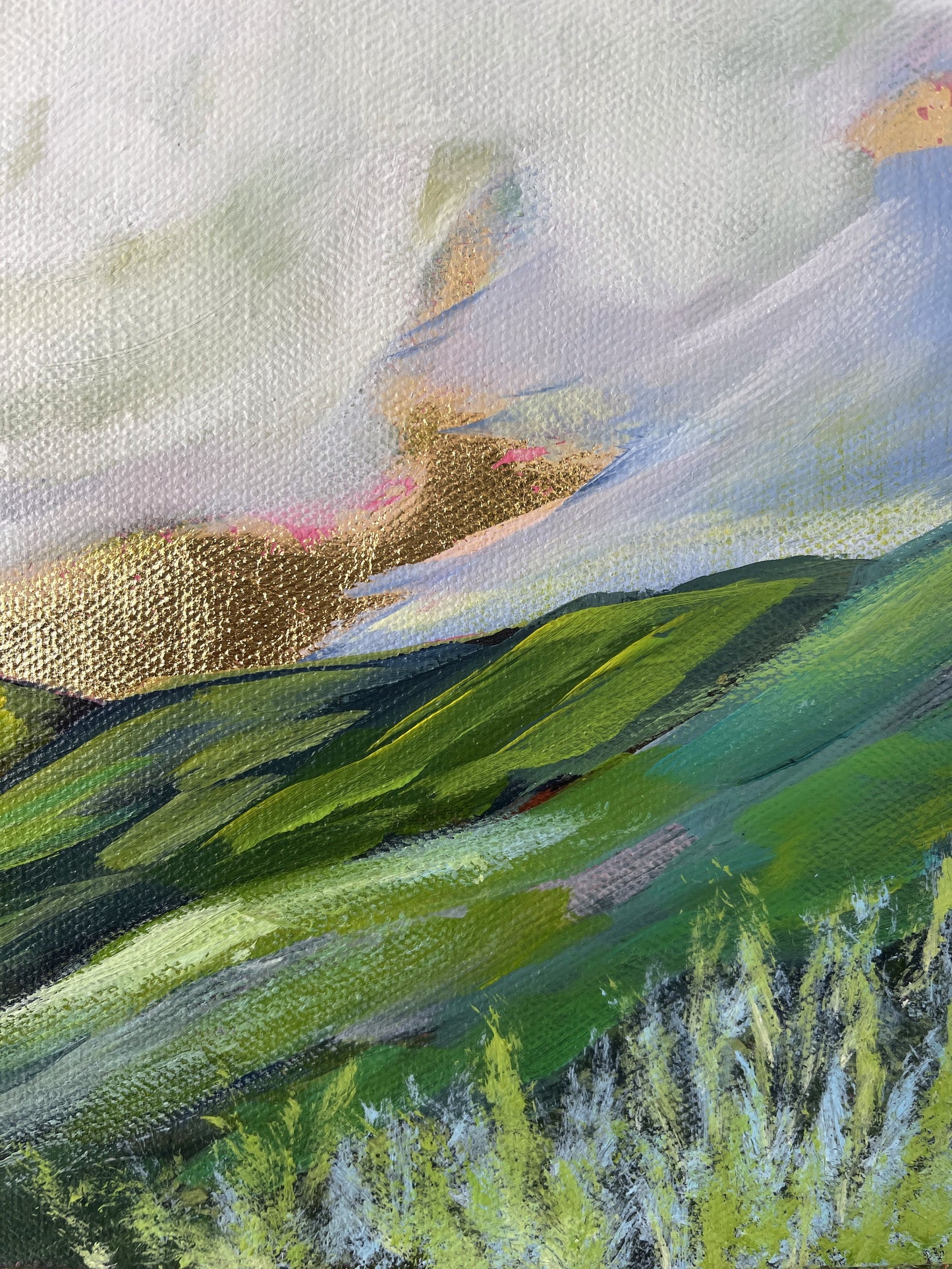 Abstract landscape painting with green and gold tones