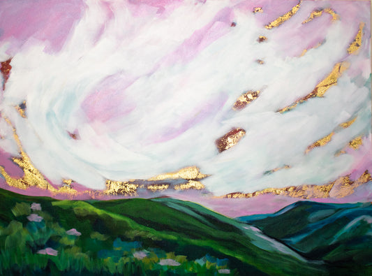 Acrylic and Gold Leaf on Canvas

Brighten your space with "Take A TimeOut," a large impressionist painting capturing a pink and gold sunrise over the Blue Ridge Mountains.

Soft white clouds drift above hillsides dotted with blooming rhododendrons, inviting you to pause and enjoy nature’s playful beauty every day.