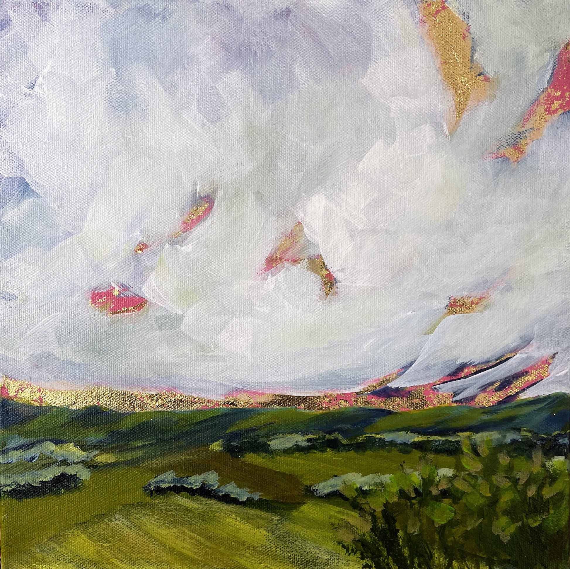 Painting of a landscape with green fields and a large white cloud.