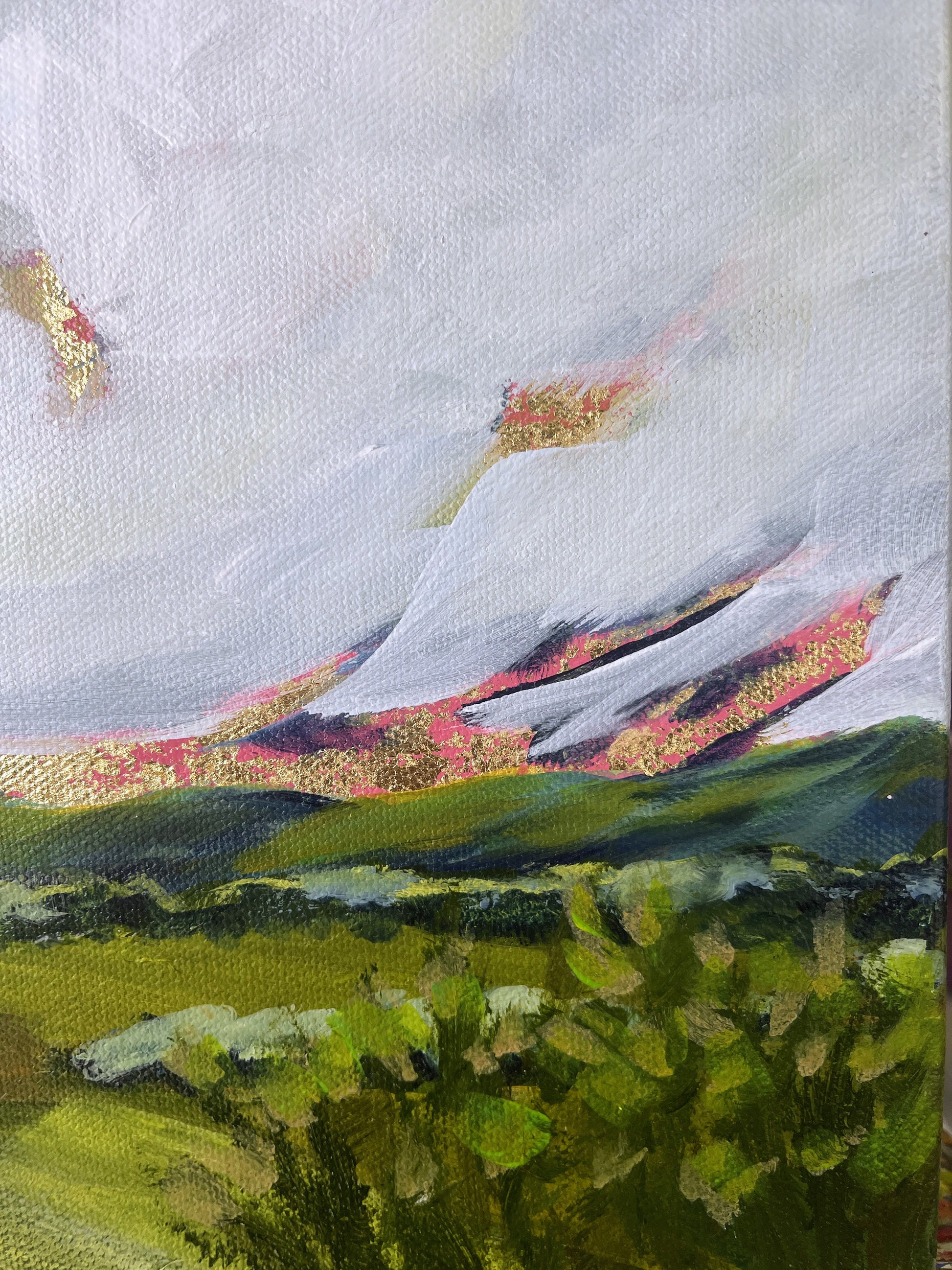 Painting of a mountain landscape with green fields and a cloudy sky.