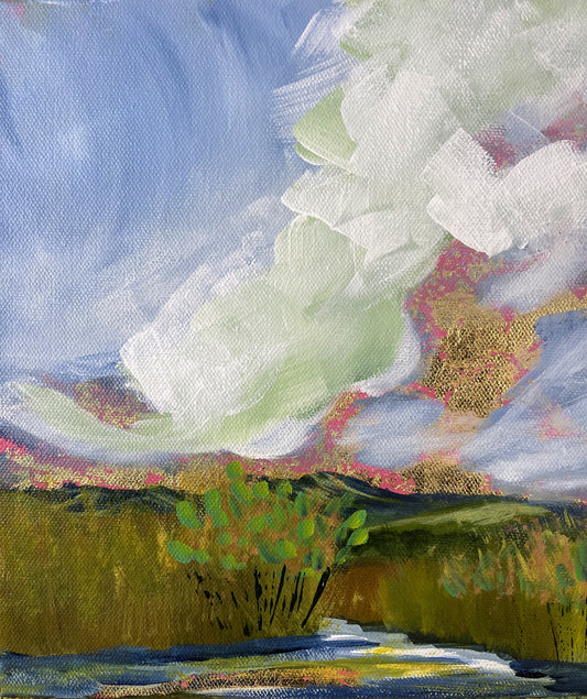Abstract landscape painting with greenery and a blue sky