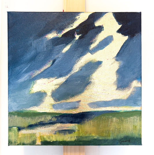 8" x 8"
Gallery wrapped canvas
Acrylic paint and gold leaf
Experience a touch of melodrama with our "Melodramatic" product. Immerse yourself in the moody clouds of April, with hints of blue, gray, and spring green.
See the beauty of the mountains and reflections of gold in the water, surrounded by lush marsh grasses.
Perfect for adding a touch of drama to any room.