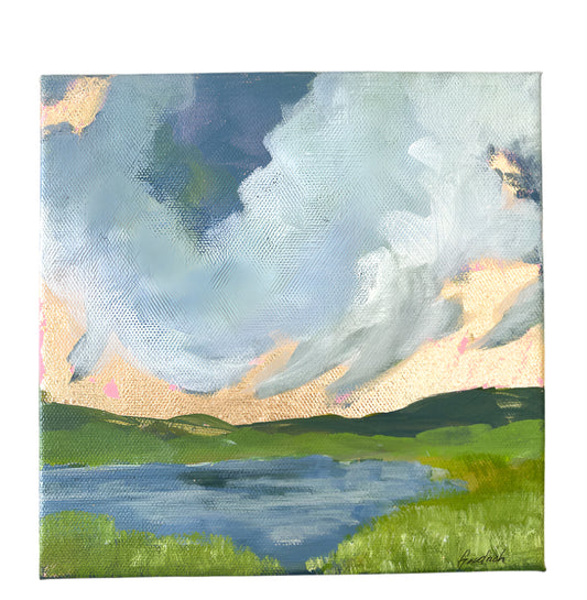 small affordable Blue Ridge mountains original painting on canvas with gold leaf, acrylic paint with dramatic blue clouds over a natural lake with native grasses