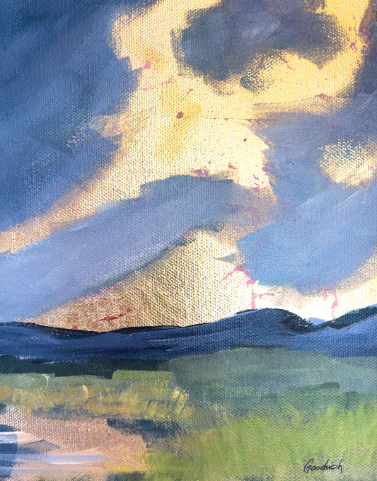 16" x 12"

Gallery wrapped canvas

Acrylic paint and gold leaf

Experience nature's beauty with Striking.

The moody gray blue clouds of spring complement the vibrant new growth, while the golden sunrise and river reflection dazzle.

The marsh grasses lining the banks lead to breathtaking views of the Blue Ridge Mountains.

Quirky, fun, and playful, Striking is a must-have for any nature lover.