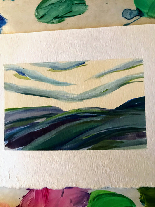 January 15,  2021 daily painting practice  approximately 5" x 4"  Mountain Landscape of the beautiful Blue Ridge mountains in Salem, Virginia  gouache on Paper  ready for framing  modern southern painting  free shipping  follow me on instagram or sign up for the emails to get the first look at the daily painting challenge.