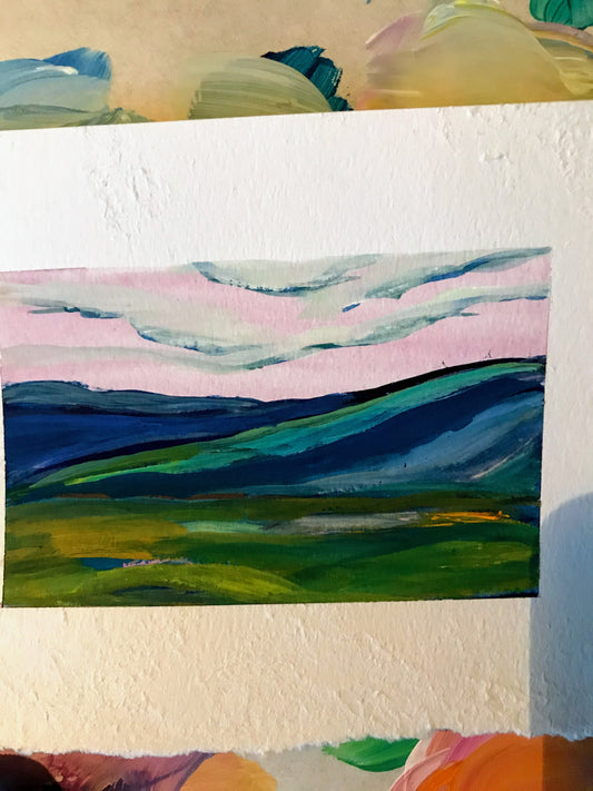 January 13,  2021 daily painting practice  approximately 5" x 4"  Mountain Landscape of the beautiful Blue Ridge mountains in Salem, Virginia  gouache on paper  ready for framing  modern southern painting  free shipping  follow me on instagram or sign up for the emails to get the first look at the daily painting challenge.  go here to see more daily paintings