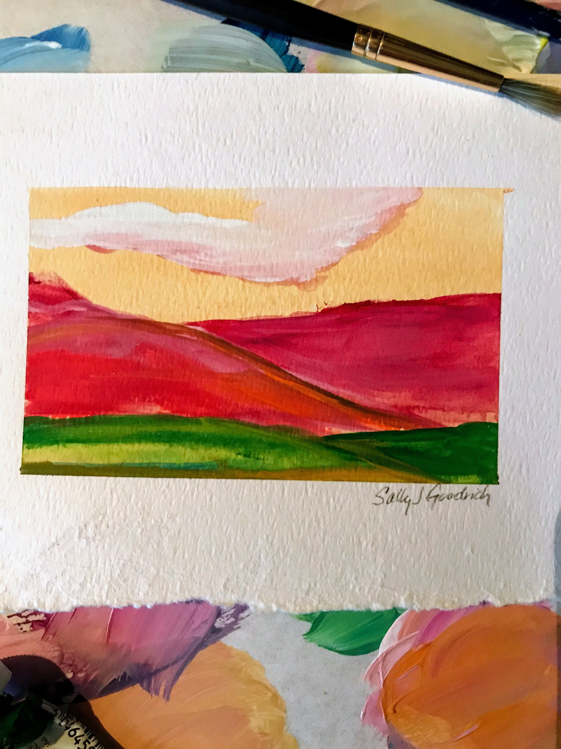 January 12,  2021 daily painting practice  approximately 5" x 4"  Mountain Landscape of the beautiful Blue Ridge mountains in Salem, Virginia  gouache on paper  ready for framing  modern southern painting  free shipping  follow me on instagram or sign up for the emails to get the first look at the daily painting challenge.