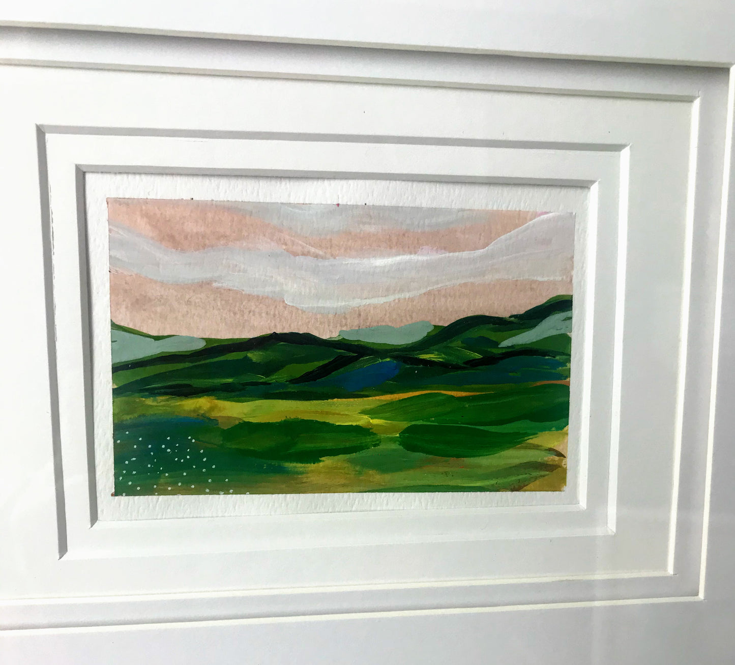 January 18, 2021 daily painting practice  5" x 4"  Mountain Landscape Painting in Salem, Virginia  gouache on paper  comes with the matting   frame is not included  free shipping  follow me on instagram or sign up for the emails to get the first look at the daily painting challenge.