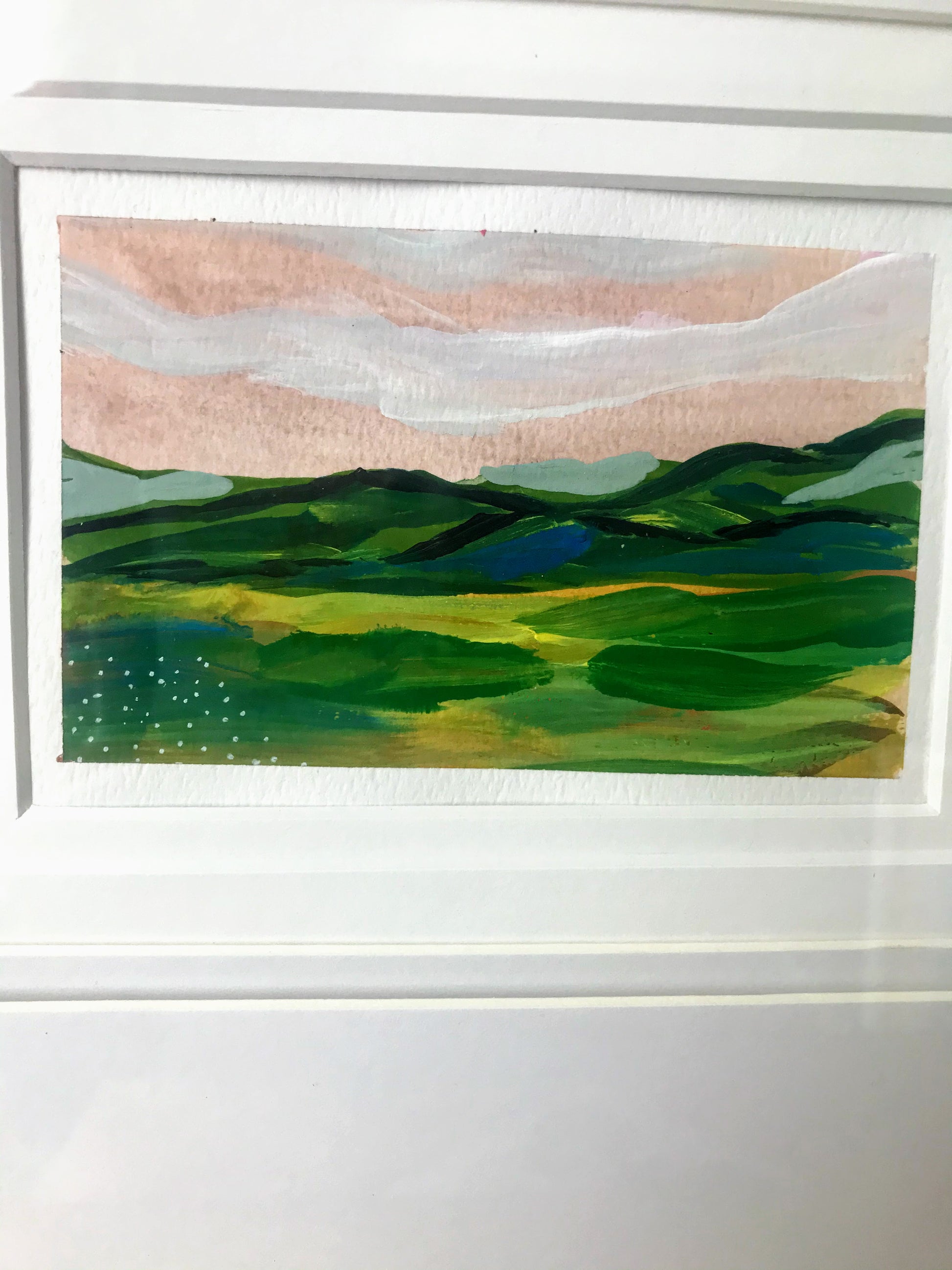 January 18, 2021 daily painting practice  5" x 4"  Mountain Landscape Painting in Salem, Virginia  gouache on paper  comes with the matting   frame is not included  free shipping  follow me on instagram or sign up for the emails to get the first look at the daily painting challenge.
