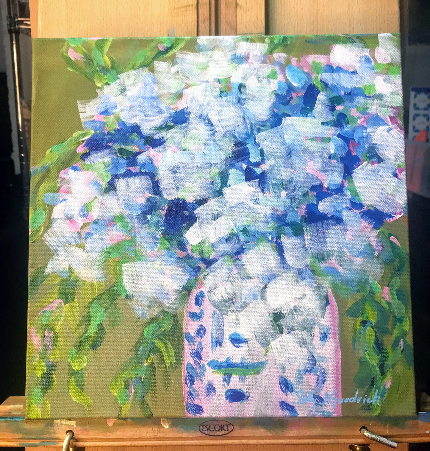 hydrangeas painting, floral painting, modern southern painting, modern southern artists, chinoiserie ginger jar, blue white painting, wall canvas